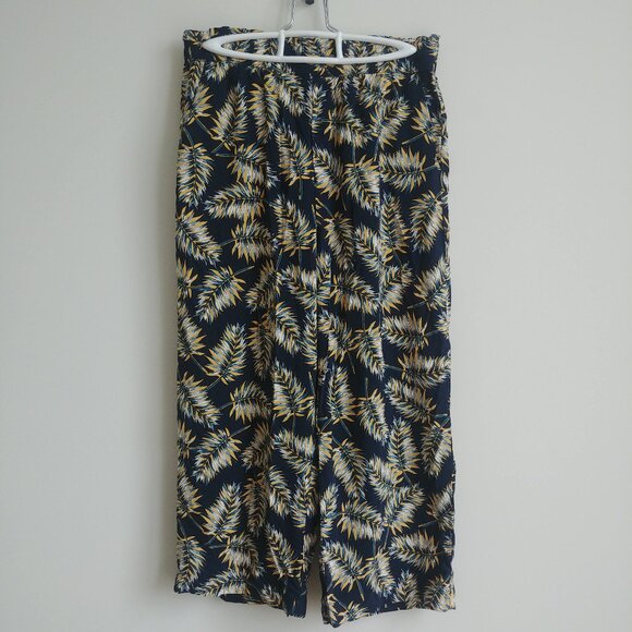 100% viscose relaxed comfortable dark navy blue cropped pants palm frond - Picture 1 of 16